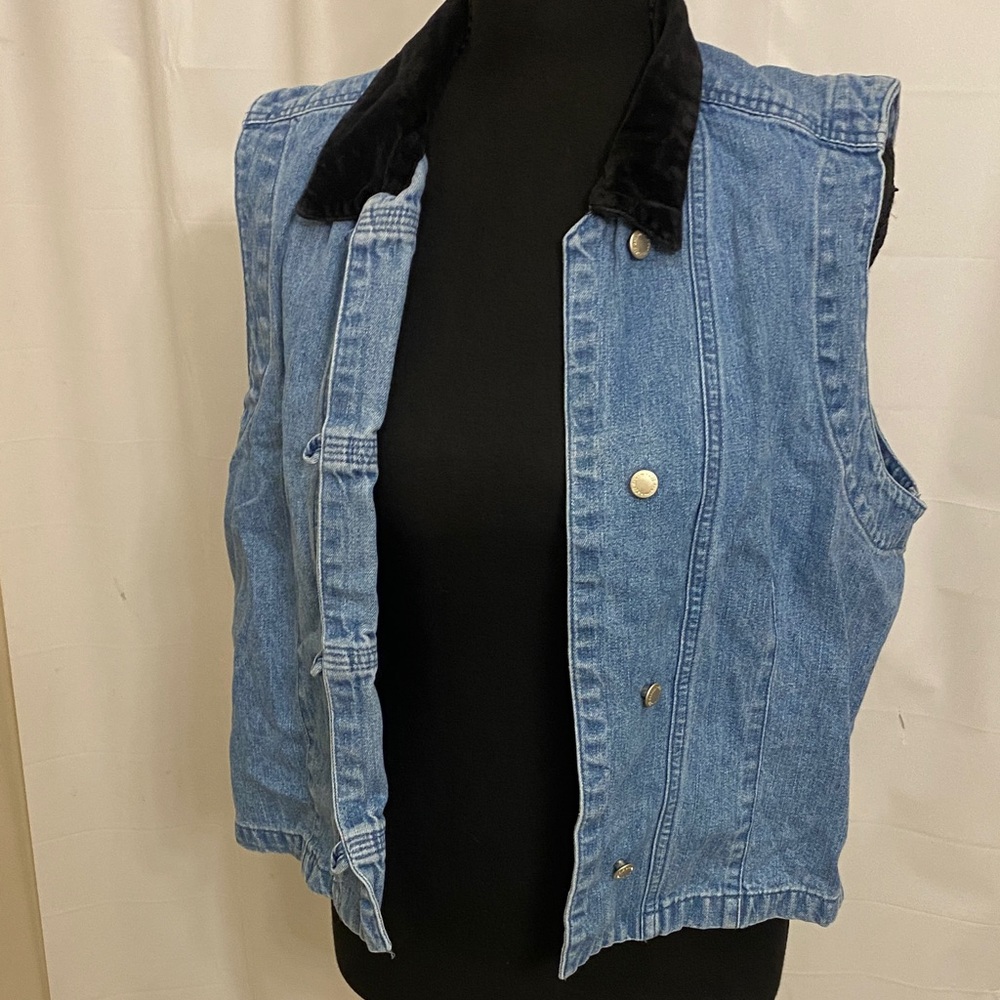 Blue Denim Vest with Black velvet Collar Vintage Petite Large - Picture 5 of 7